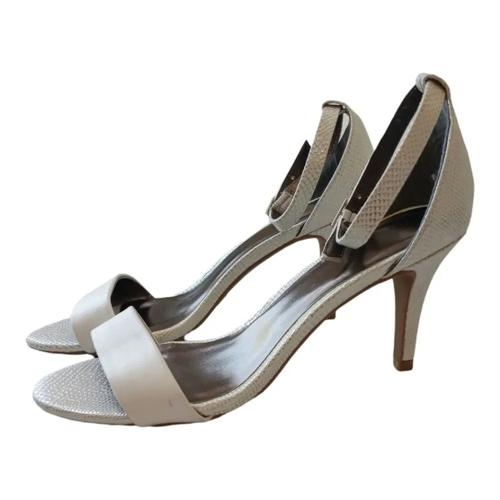 Women’s Silver Textured Open Toe Ankle Strap Stiletto Heel Sandals Size 7 - Picture 6 of 10